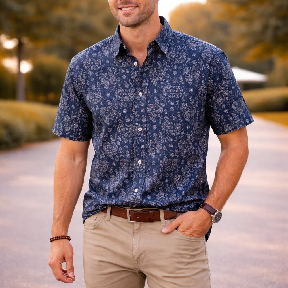 Tori Richard Hoopla Aloha Shirt Navy Geometric USA Made Cotton‎ Men L